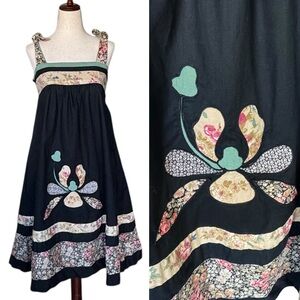 Vintage 60s 70s Young Edwardian Black Floral Sun Dress Boho Hippie Patchwork